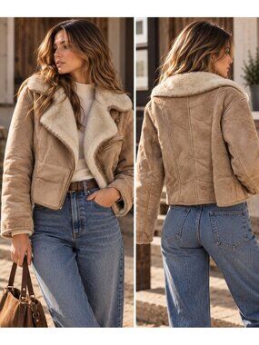 Synergy Women's Genuine Suede Leather Faux Shearling Moto Jacket Tan Size M